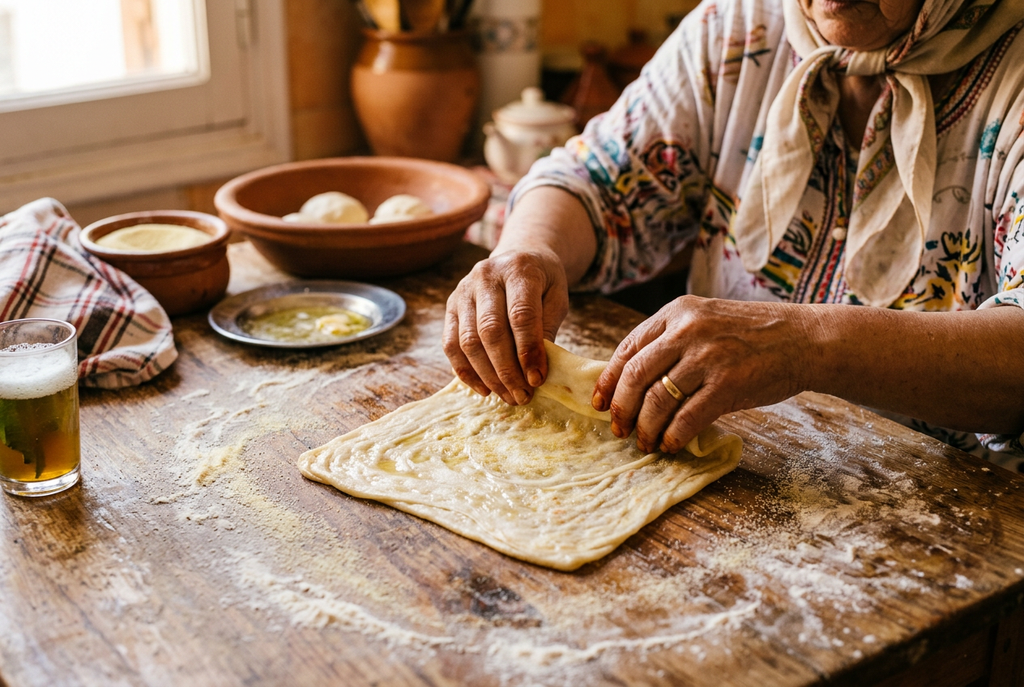 Préparation artisanale du Msemen, fait main dans l'atelier DZ Délice